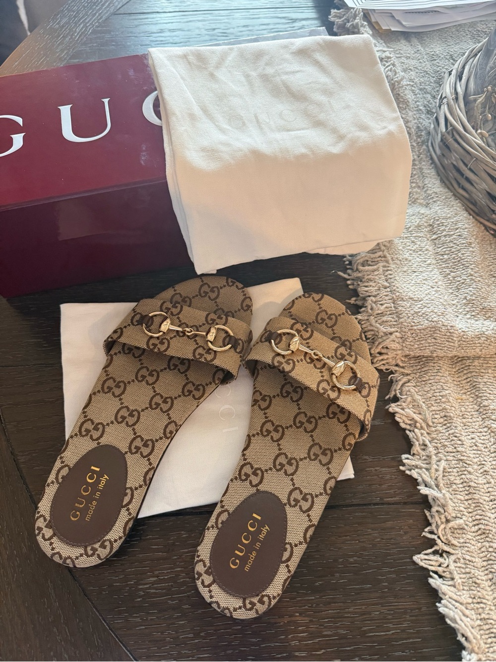 Gucci Beige Brown GG Canvas Horsebit Slide Mules